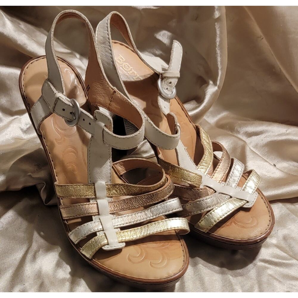 BORN Women's 9 Riviera Leather Off-White Gold Metallic Strappy High Heel Sandals